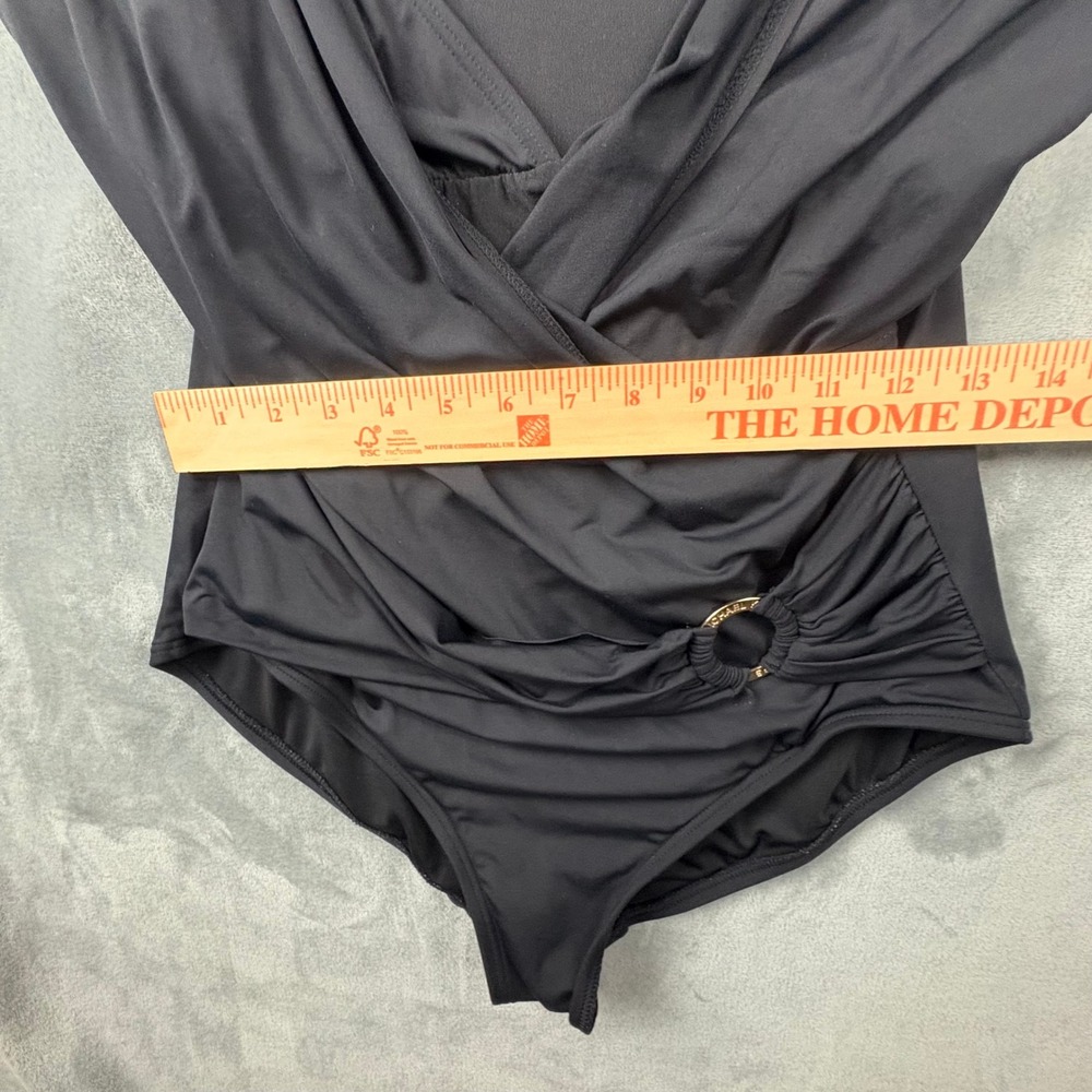 Michael Kors Womens Black One Piece Swimsuit Ruched Gold Hardware Surplice Wrap - Picture 8 of 11